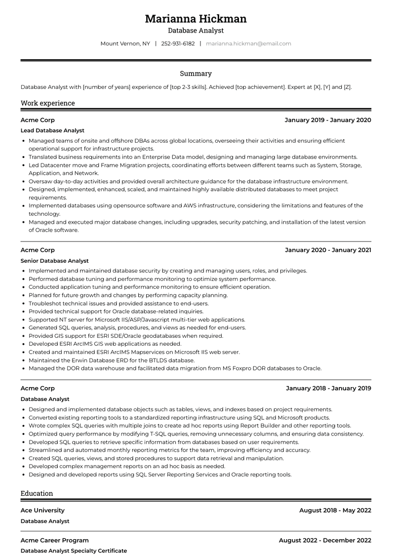 Database Analyst Resume Sample and Template