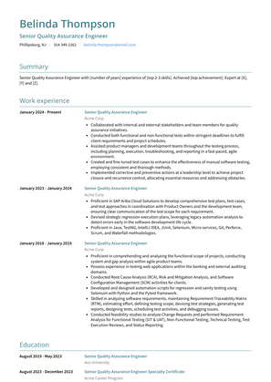 Senior Quality Assurance Engineer Resume Sample and Template