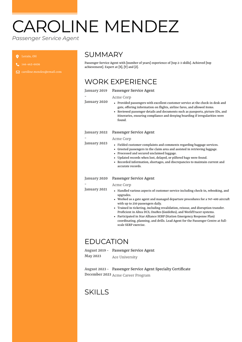 Passenger Service Agent Resume Sample and Template