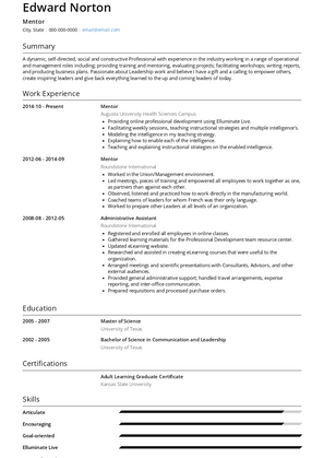 Mentor Resume Sample and Template