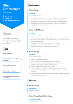 Studio Manager Resume Sample and Template