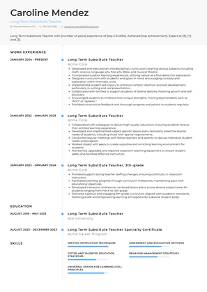 Long Term Substitute Teacher Resume Sample and Template