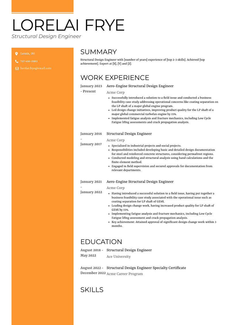 Structural Design Engineer Resume Sample and Template