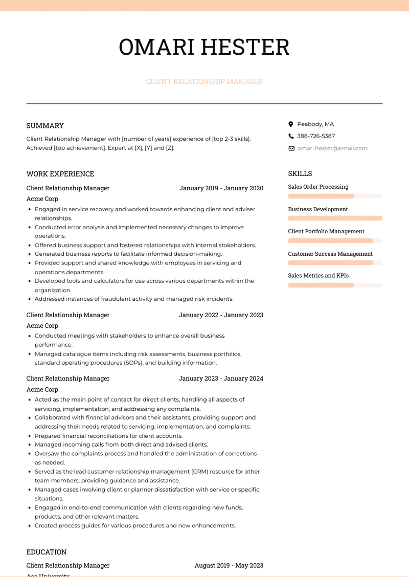 Client Relationship Manager Resume Sample and Template