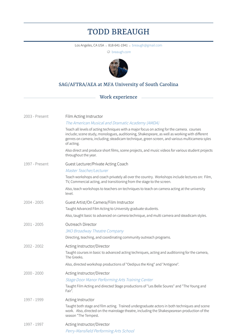 Film Acting Instructor Resume Sample and Template