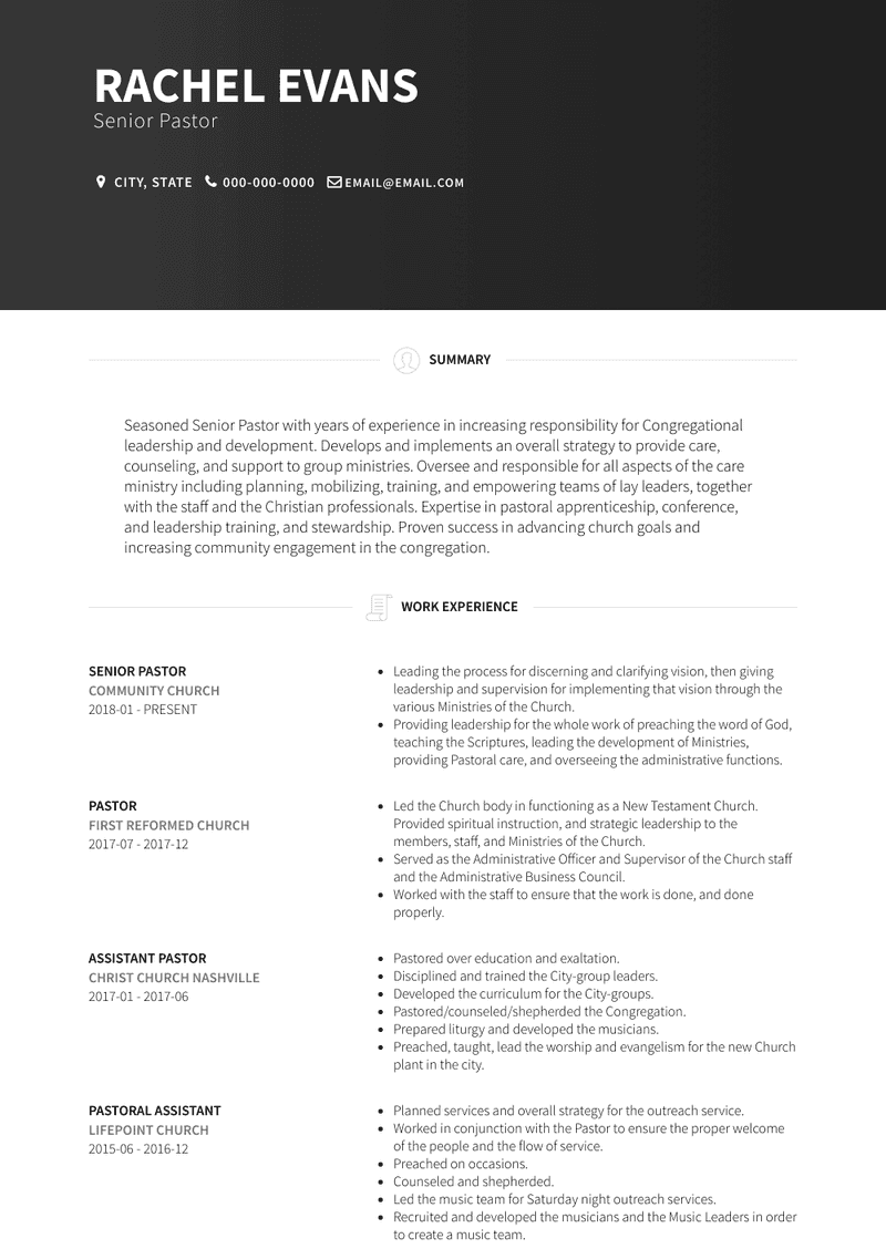 Senior Pastor Resume Sample and Template