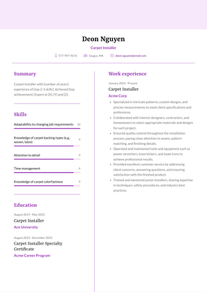 Carpet Installer Resume Sample and Template