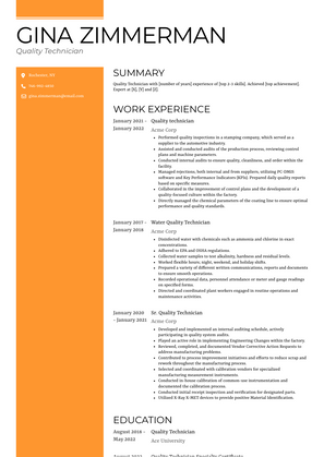 Quality Technician Resume Sample and Template