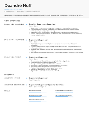 Department Supervisor Resume Sample and Template