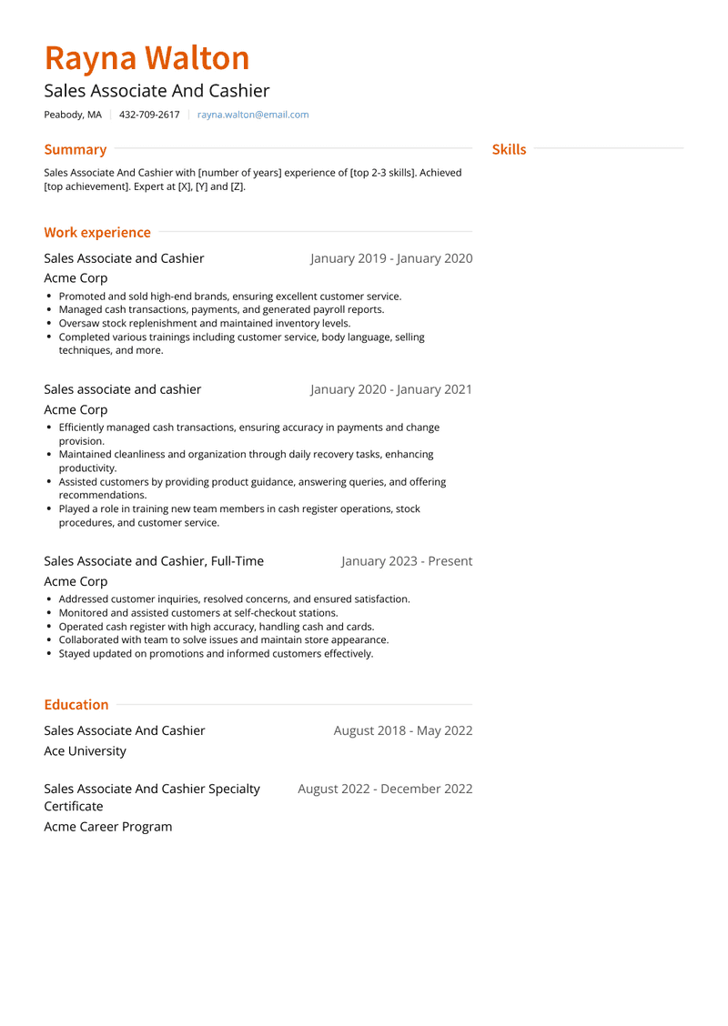 Sales Associate And Cashier Resume Sample and Template