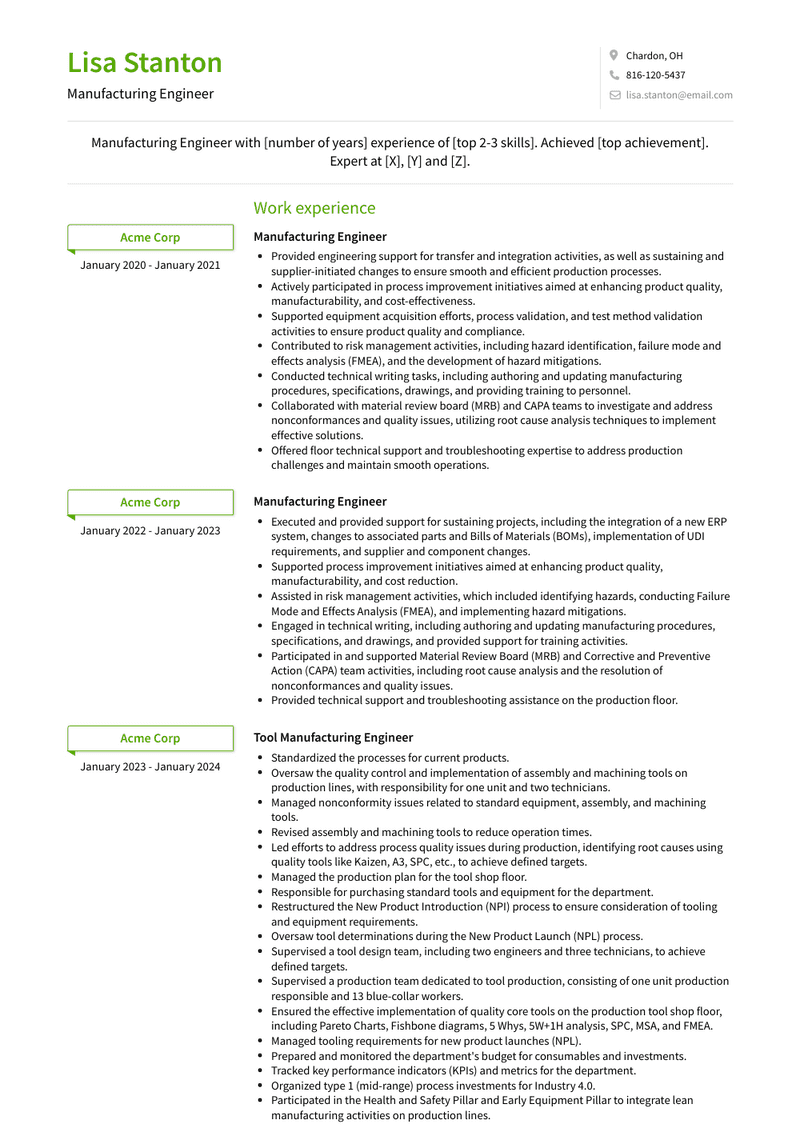 Manufacturing Engineer Resume Sample and Template