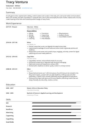 Volunteer - Writer Resume Sample and Template