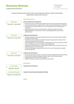 Customer Service Executive Resume Sample and Template