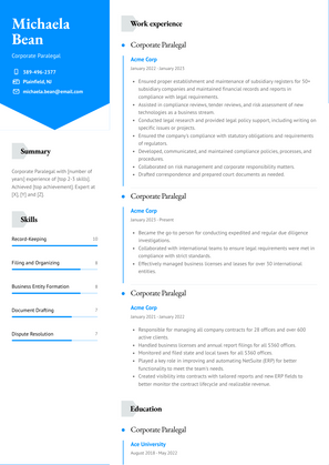 Corporate Paralegal Resume Sample and Template