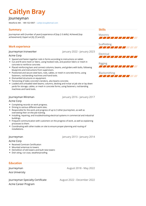 Journeyman Resume Sample and Template