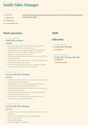 Inside Sales Manager Resume Sample and Template