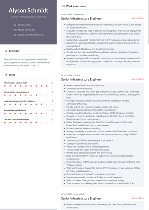 Senior Infrastructure Engineer Resume Sample and Template