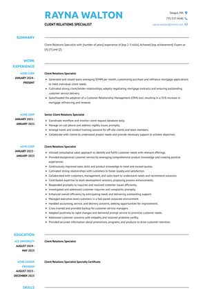 Client Relations Specialist Resume Sample and Template