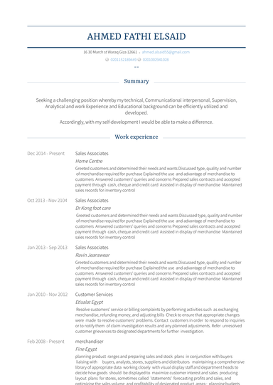 Sales Associates  Resume Sample and Template