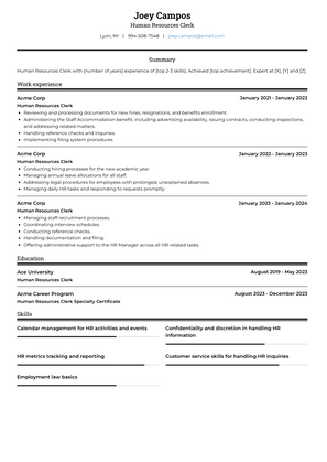 Human Resources Clerk Resume Sample and Template