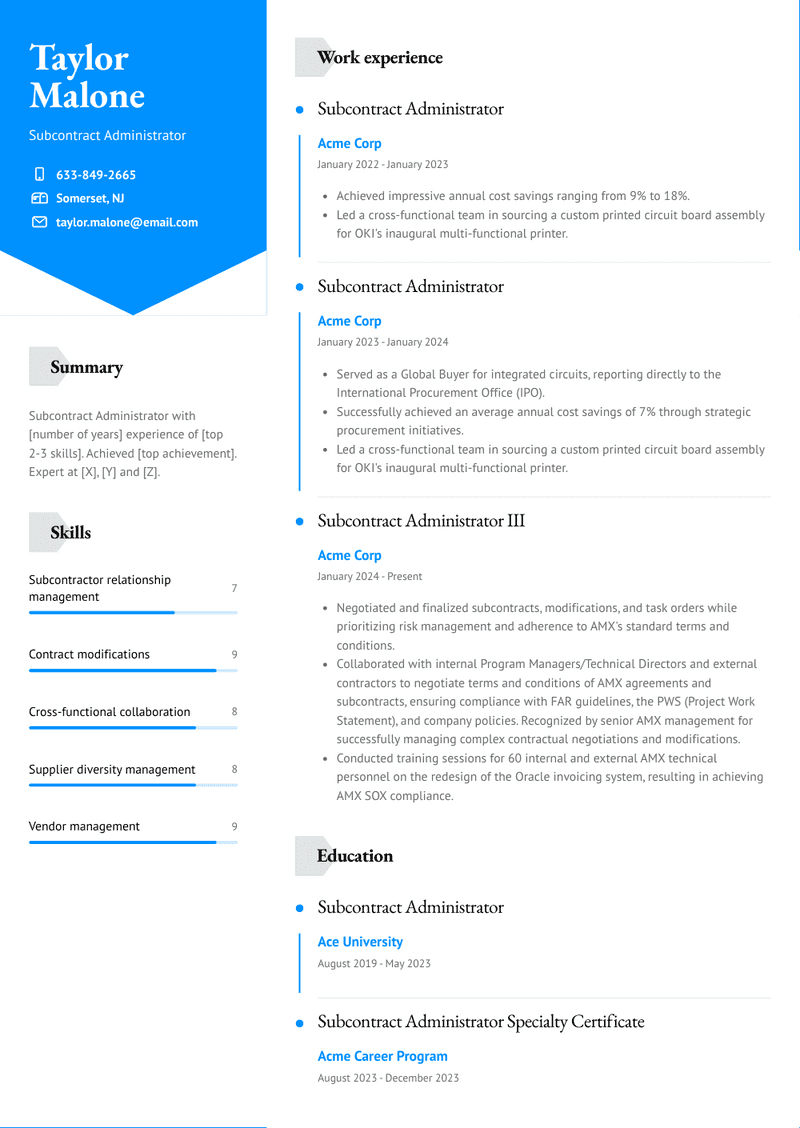 Subcontract Administrator Resume Sample and Template