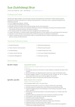Casual Relief Teacher Resume Sample and Template