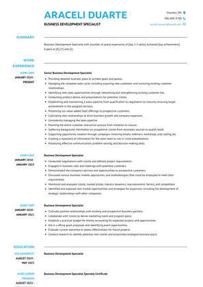 Business Development Specialist Resume Sample and Template