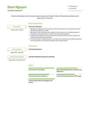 Tool Room Attendant Resume Sample and Template