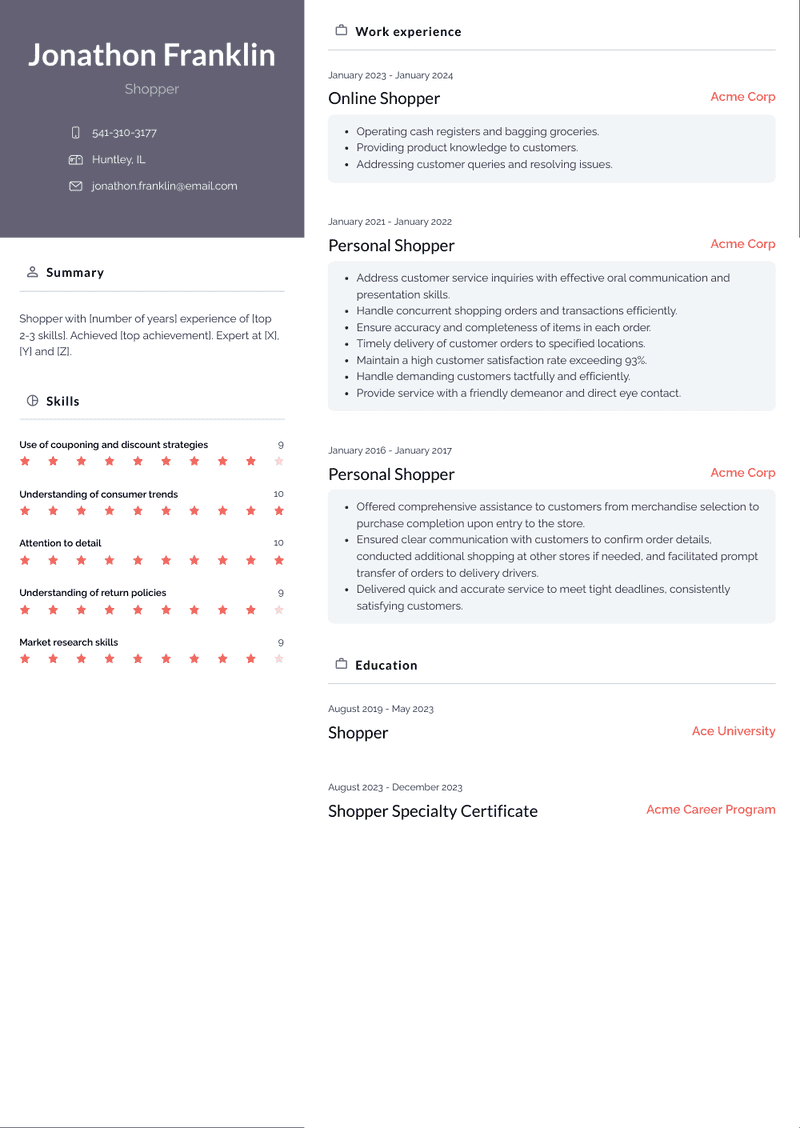 Shopper Resume Sample and Template
