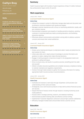 Health Insurance Agent Resume Sample and Template