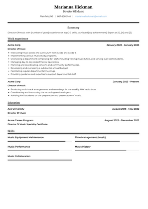 Director Of Music Resume Sample and Template