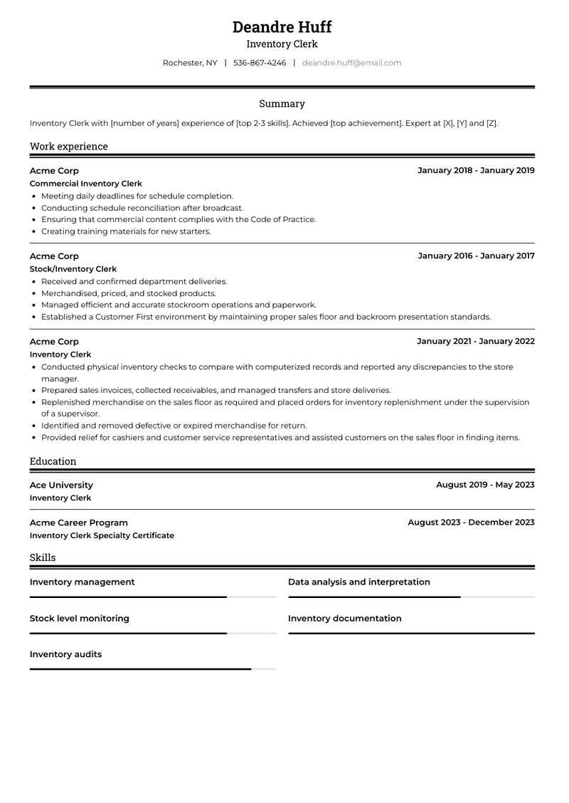 Inventory Clerk Resume Sample and Template