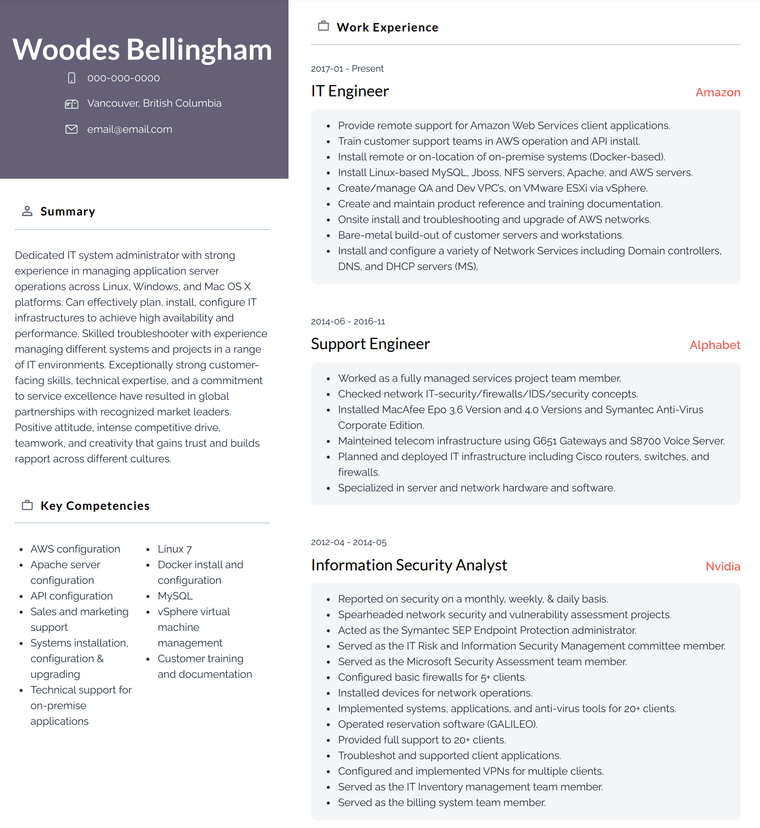 Amazon Resume: IT Engineer Example