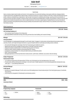 Investment Banking Manager Resume Sample and Template