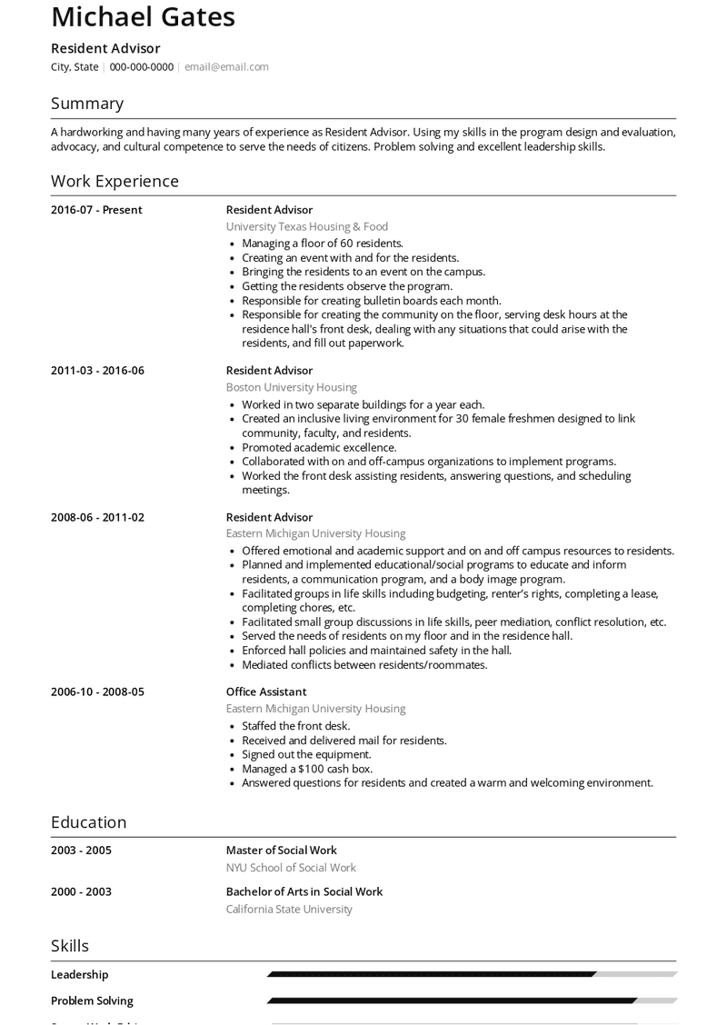 Resident Advisor Resume Sample and Template