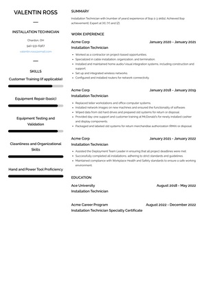 Installation Technician Resume Sample and Template