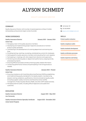 Quality Assurance Director Resume Sample and Template