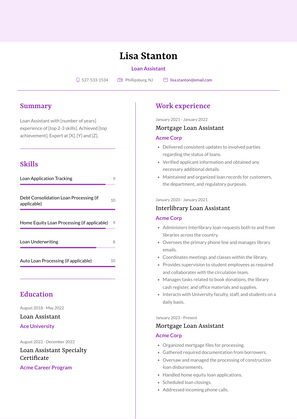 Loan Assistant Resume Sample and Template