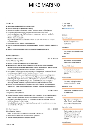 Middle School Music Teacher Resume Sample and Template