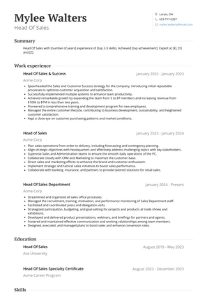 Head Of Sales Resume Sample and Template