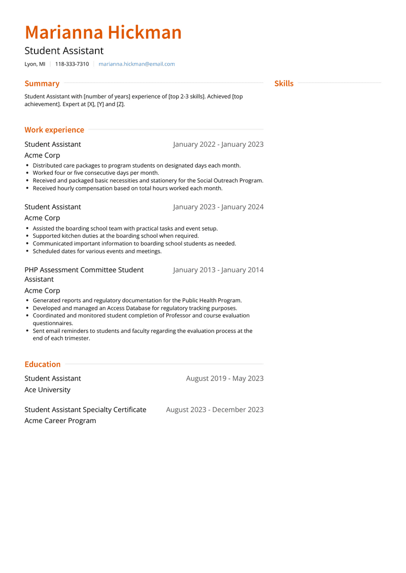 Student Assistant Resume Sample and Template
