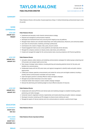 Public Relations Director Resume Sample and Template