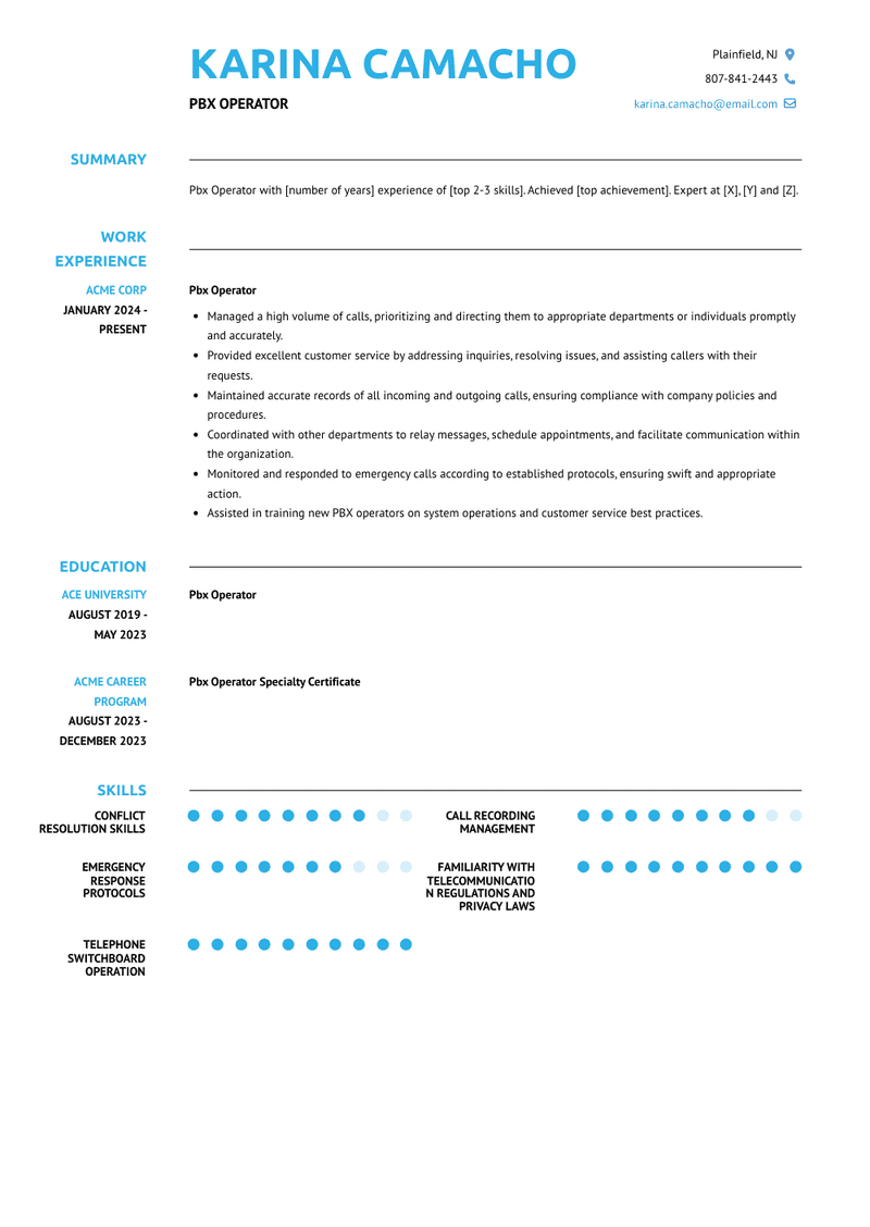 Pbx Operator Resume Sample and Template