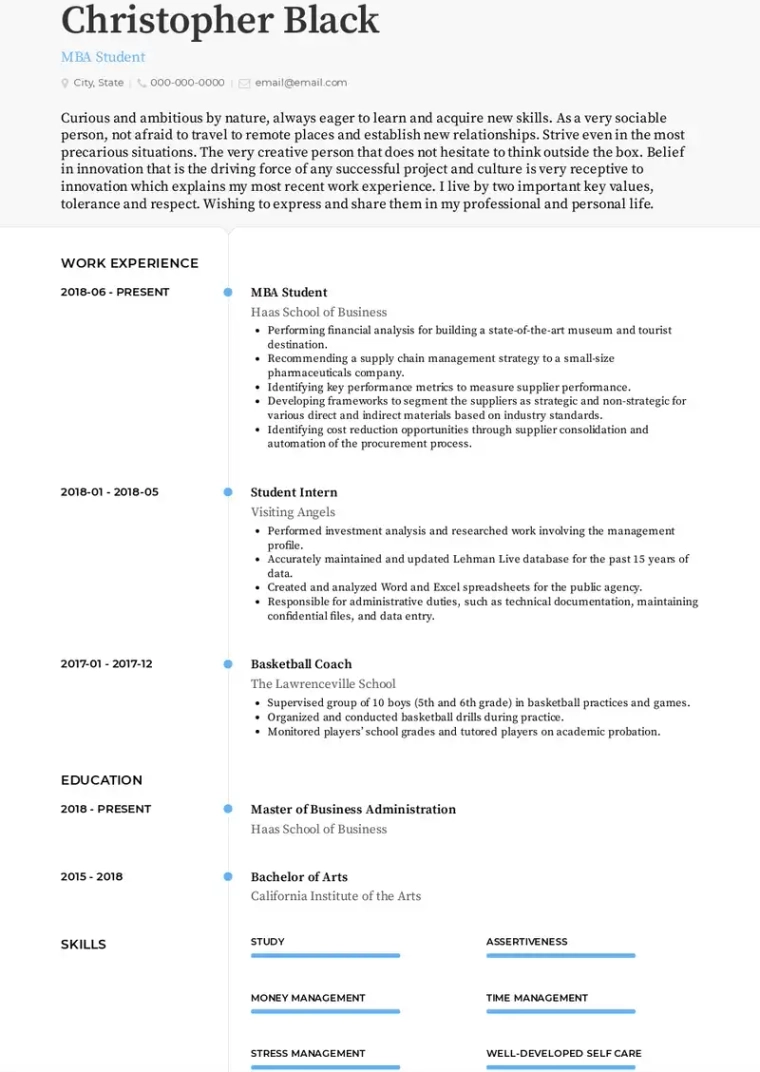 traditional student resume format example