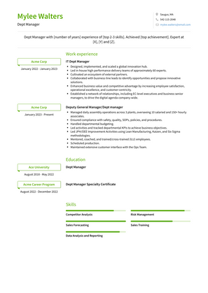 Dept Manager Resume Sample and Template