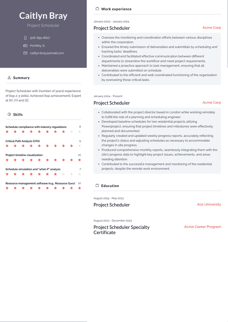 Project Scheduler Resume Sample and Template