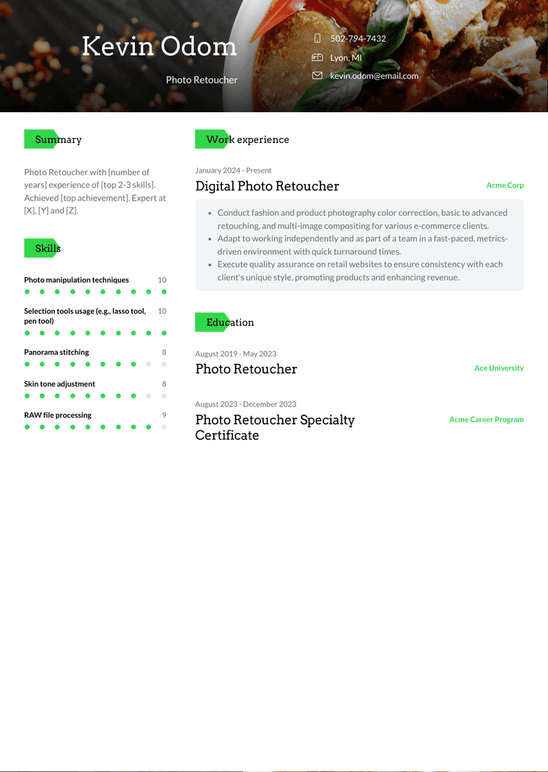 Photo Retoucher Resume Sample and Template