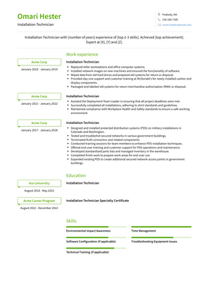Installation Technician Resume Sample and Template