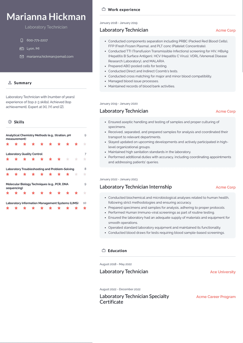 Laboratory Technician Resume Sample and Template
