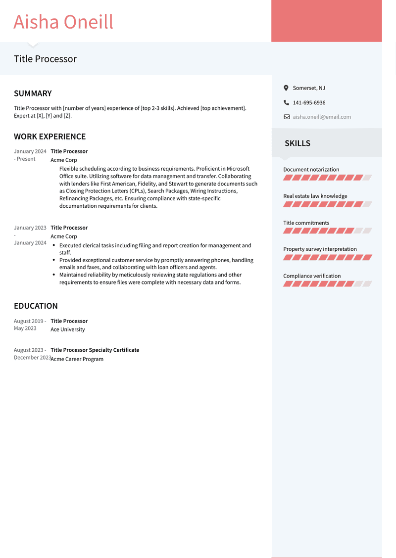 Title Processor Resume Sample and Template